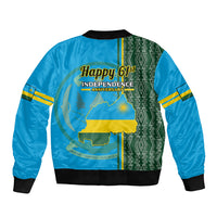 Blue bomber jacket with Happy 61st Independence back print, green patterned side panel