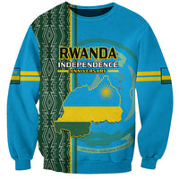 Blue unisex sweatshirt with Rwanda Independence Anniversary graphic and map front