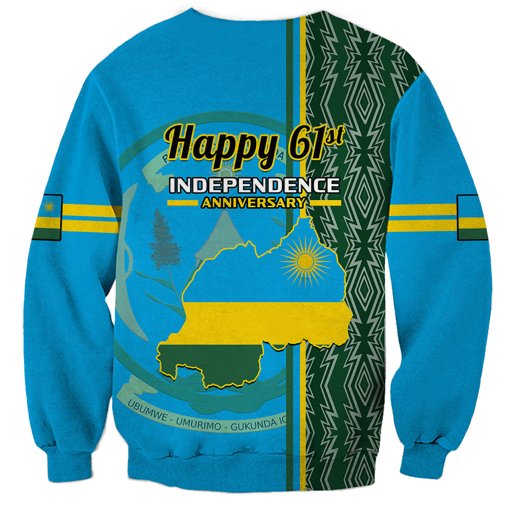 Blue unisex sweatshirt with Happy 61st Independence Anniversary back graphic and map