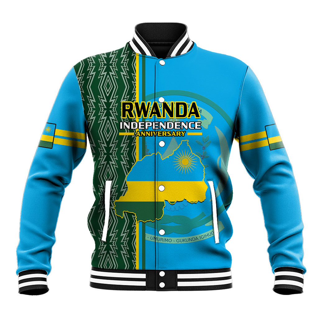 Blue unisex baseball jacket with green geometric panel and Rwanda Independence graphic