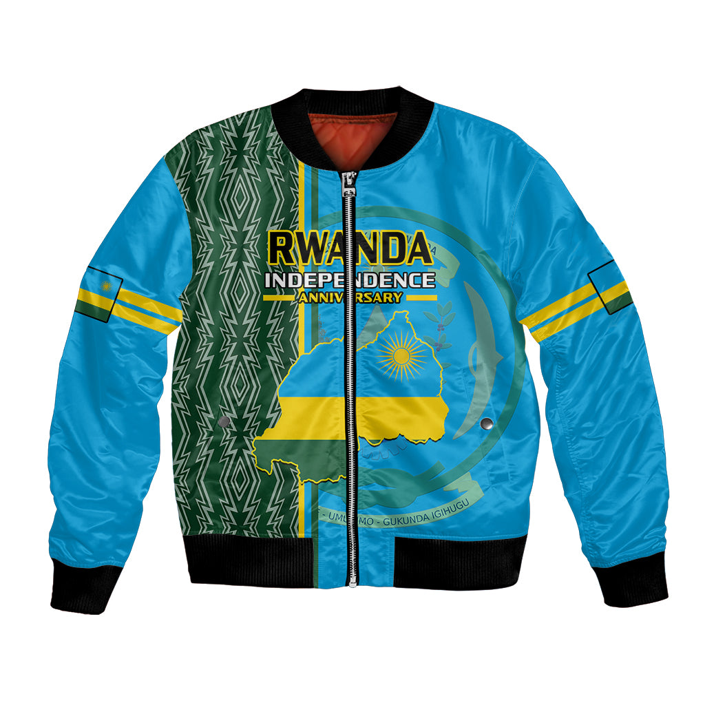 Blue unisex bomber jacket with front zip, green patterned panels and Rwanda graphic