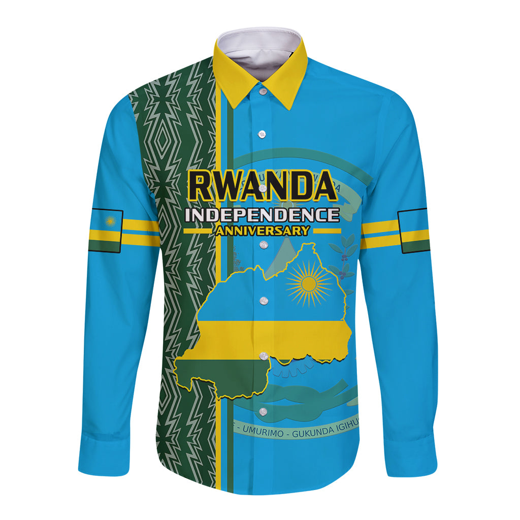 Blue long-sleeve button shirt with front Rwanda Independence anniversary graphic and map
