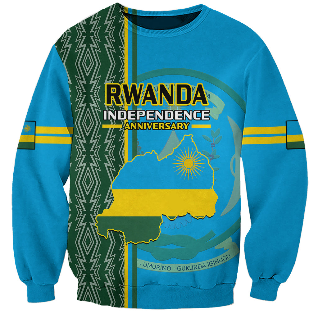 Blue unisex sweatshirt with Rwanda map, Independence Day anniversary text, and patterned stripe