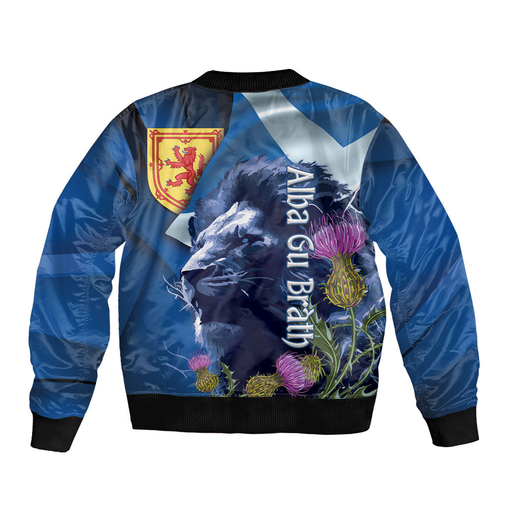 Cianalas Alba Scotland Bomber Jacket Scottish Lion and Thistle Blue Version