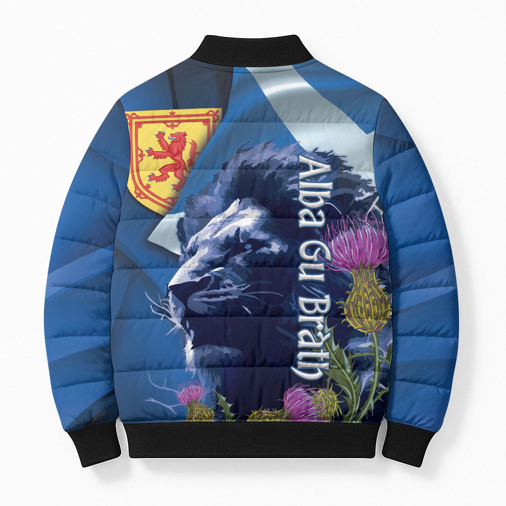 Cianalas Alba Scotland Bomber Puffer Jacket Scottish Lion and Thistle Blue Version