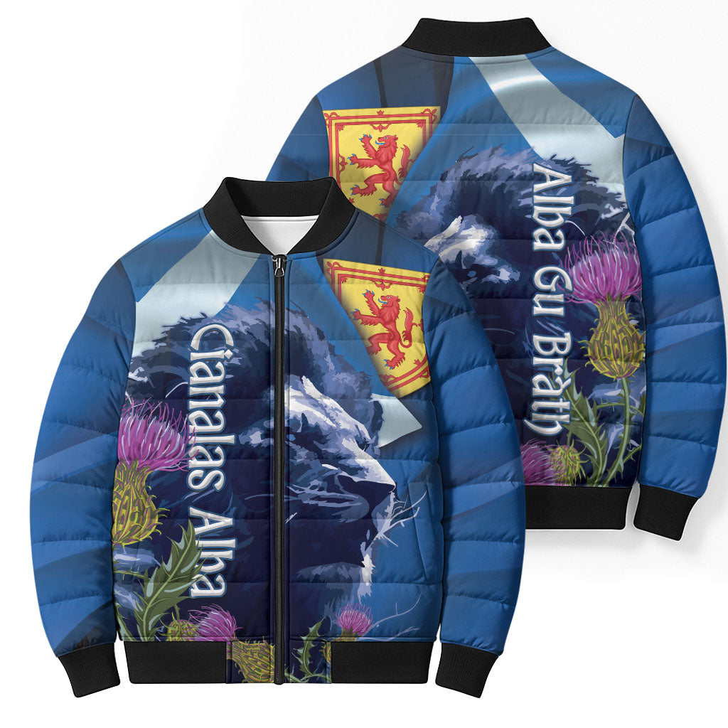 Cianalas Alba Scotland Bomber Puffer Jacket Scottish Lion and Thistle Blue Version