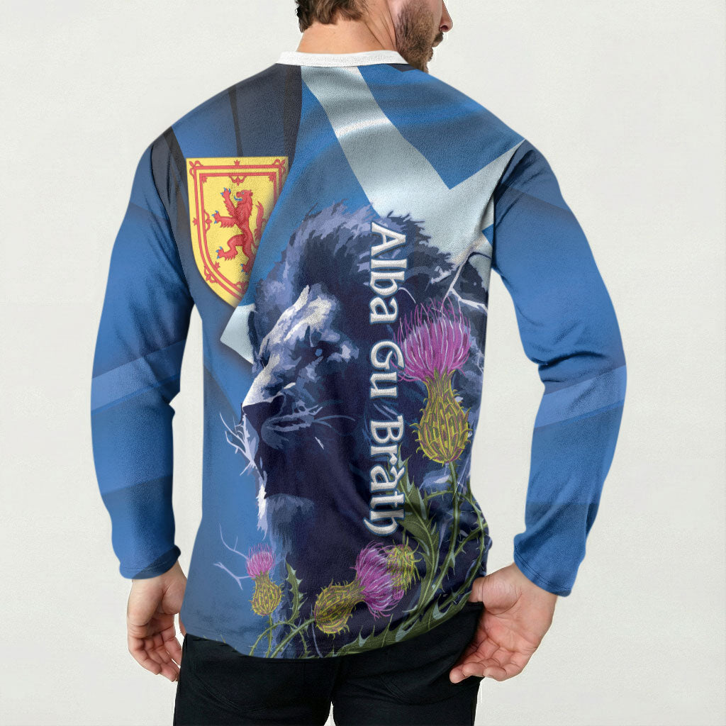 Cianalas Alba Scotland Button Sweatshirt Scottish Lion and Thistle Blue Version