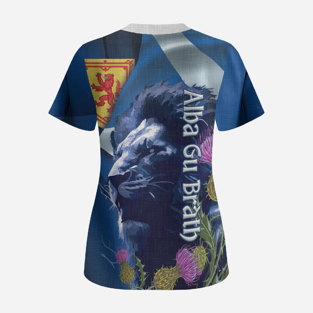 Cianalas Alba Scotland Scrub Top Scottish Lion and Thistle Blue Version
