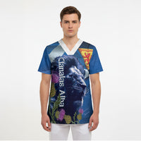 Cianalas Alba Scotland Scrub Top Scottish Lion and Thistle Blue Version