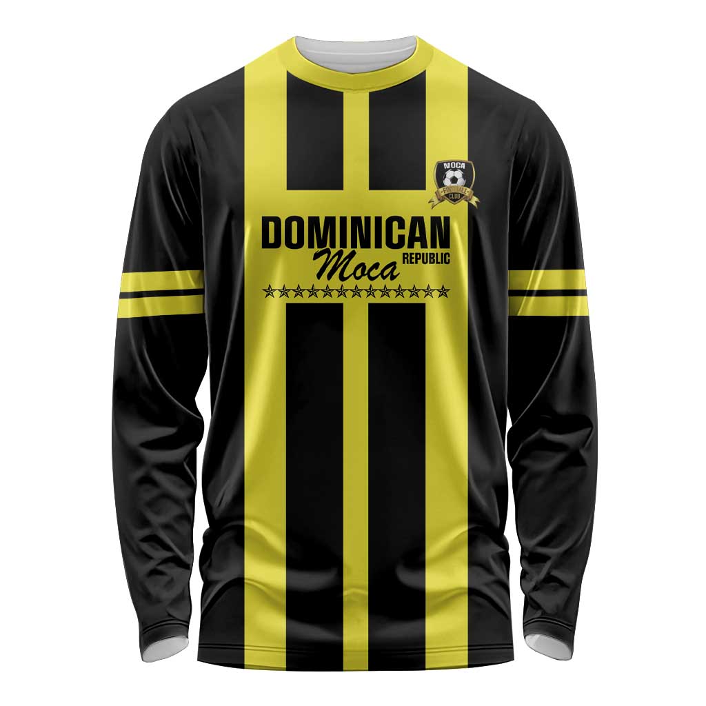 Black and yellow striped long-sleeve football shirt with Dominican crest and text