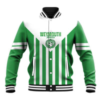 Green and white striped baseball jacket with snap-button front, ribbed stand collar, logo chest