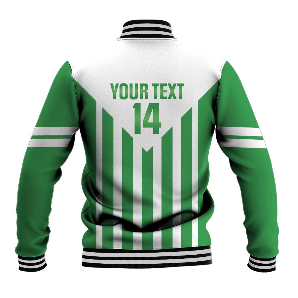 Green and white striped baseball jacket, ribbed collar and cuffs, back print "YOUR TEXT 14"
