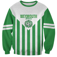 Green and gray football sweatshirt with striped front and Weymouth Wales logo