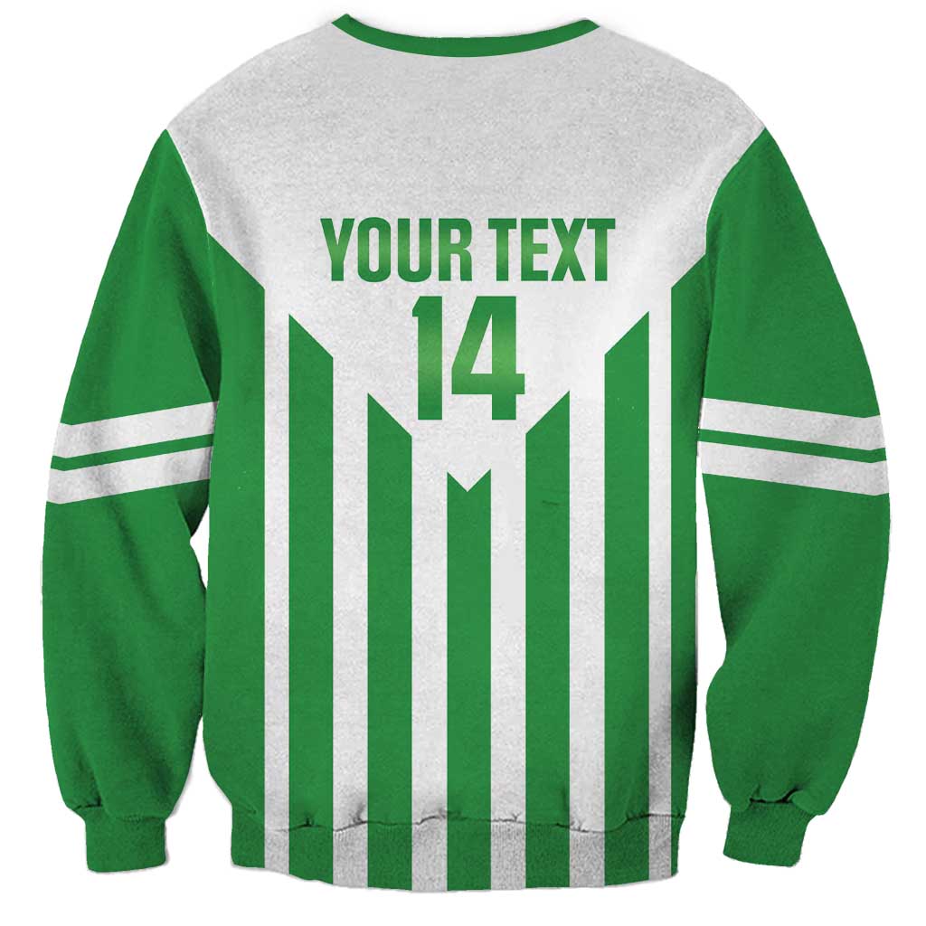 Green and gray football sweatshirt back with striped design and 'YOUR TEXT 14'
