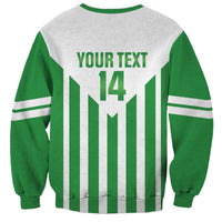 Green and gray football sweatshirt back with striped design and 'YOUR TEXT 14'