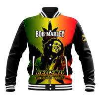 Black varsity baseball jacket with front Bob Marley poster graphic and striped collar