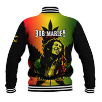 Black varsity baseball jacket with back Bob Marley portrait and Jamaica text graphic