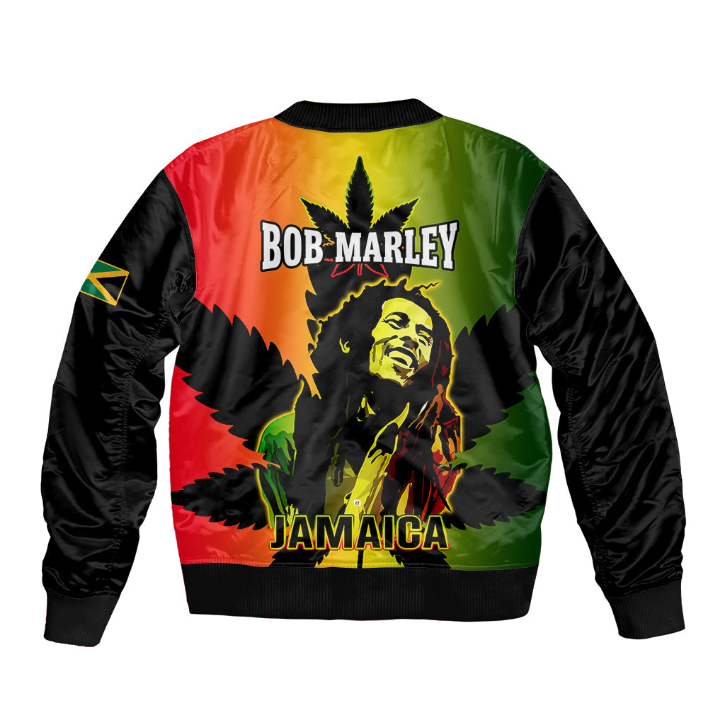 Unisex black bomber jacket with back Bob Marley Jamaica graphic and multicolor panels, zip front
