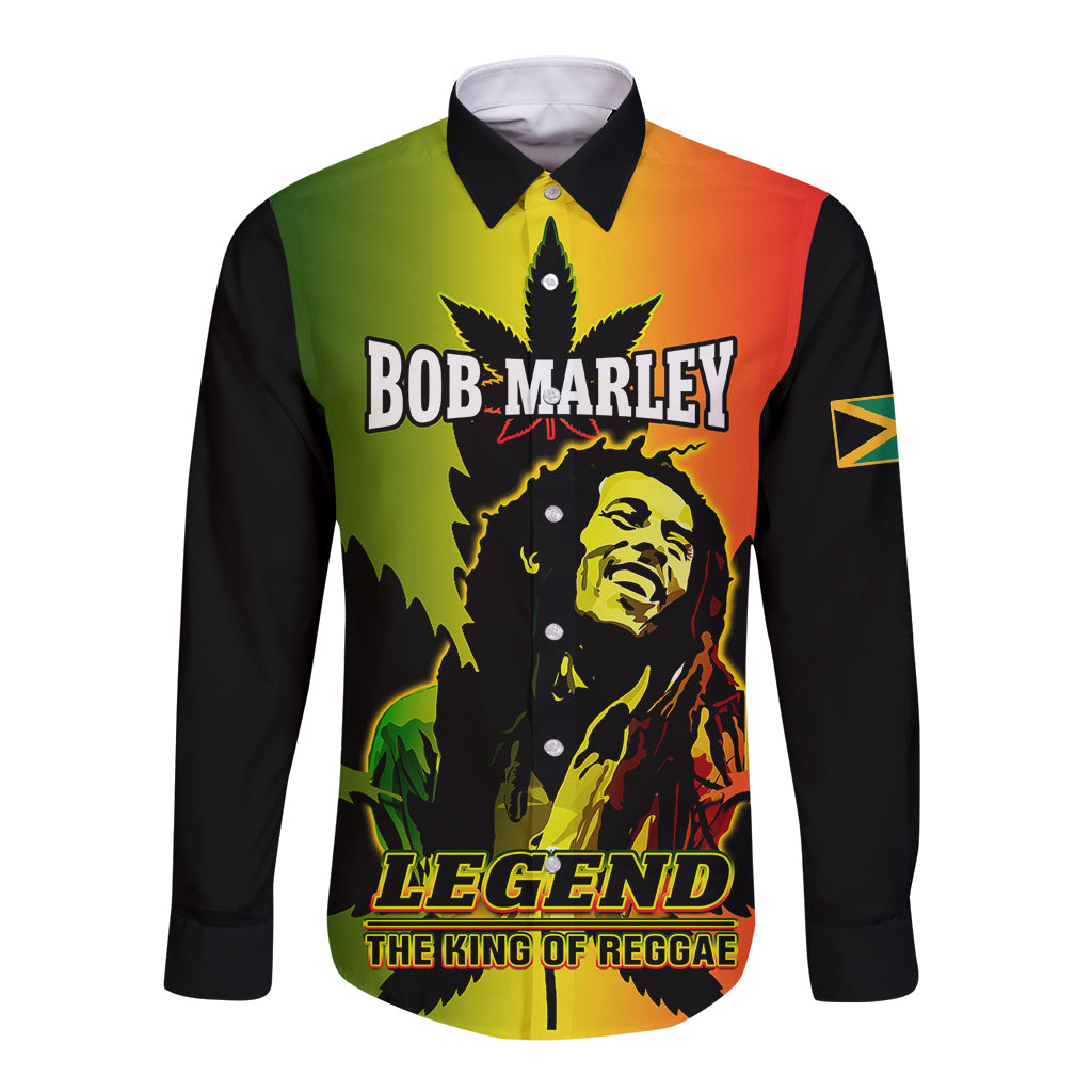 Black long-sleeve button shirt with Bob Marley 'Legend' graphic, front view