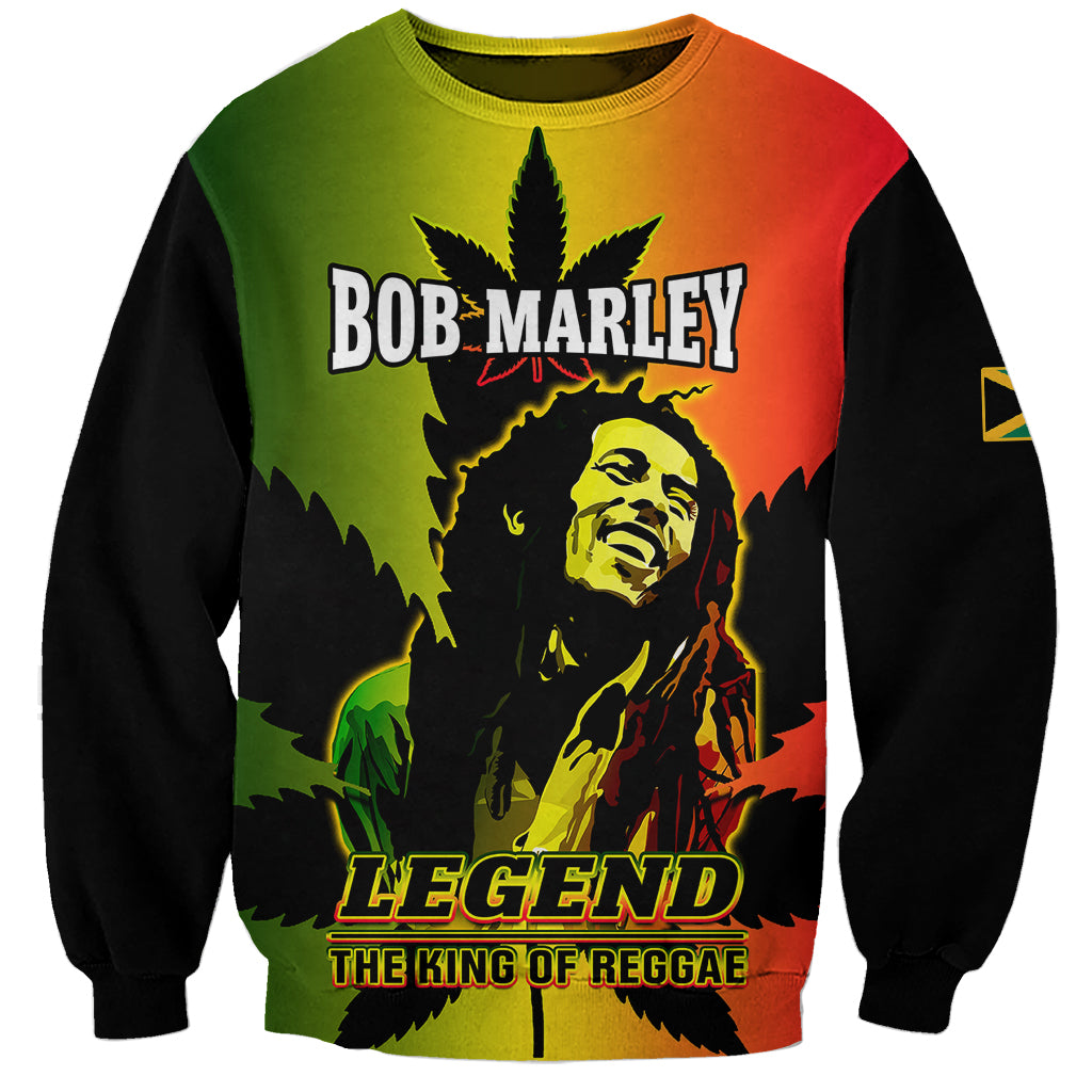 Crewneck sweatshirt with Bob Marley Legend print, multicolor front, black sleeves