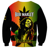 Crewneck sweatshirt with Bob Marley portrait and Jamaica text, multicolor front, black sleeves