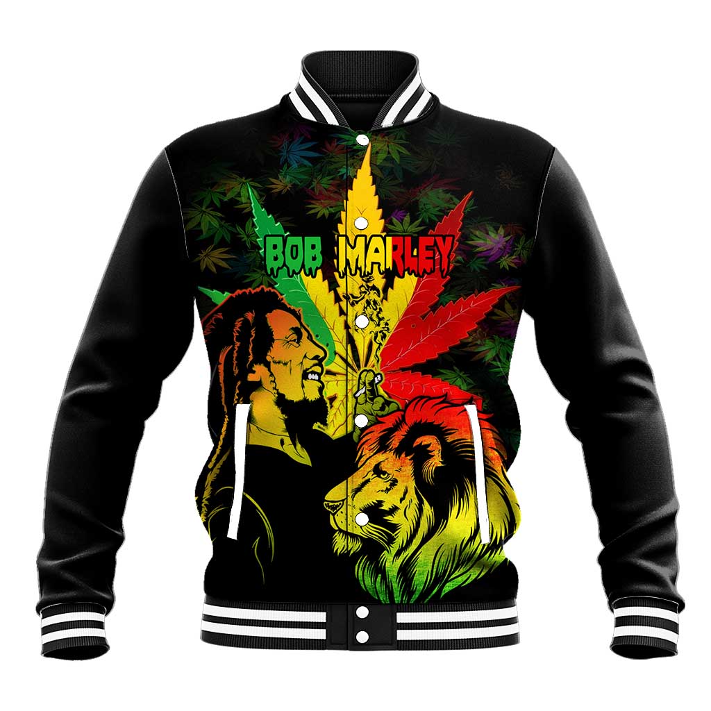 Black baseball jacket with Bob Marley lion and cannabis leaf graphic, front