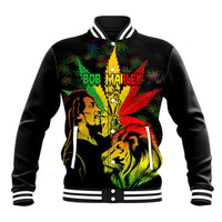 Black baseball jacket with Bob Marley lion and cannabis leaf graphic, front