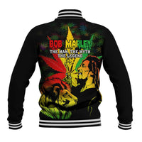Black baseball jacket with Bob Marley lion back graphic, striped collar and hem