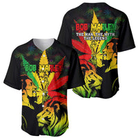 Two black baseball jerseys, Bob Marley lion art with cannabis leaf pattern