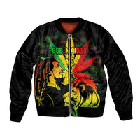 Black unisex bomber jacket with front zip and colorful lion graphic with cannabis leaf