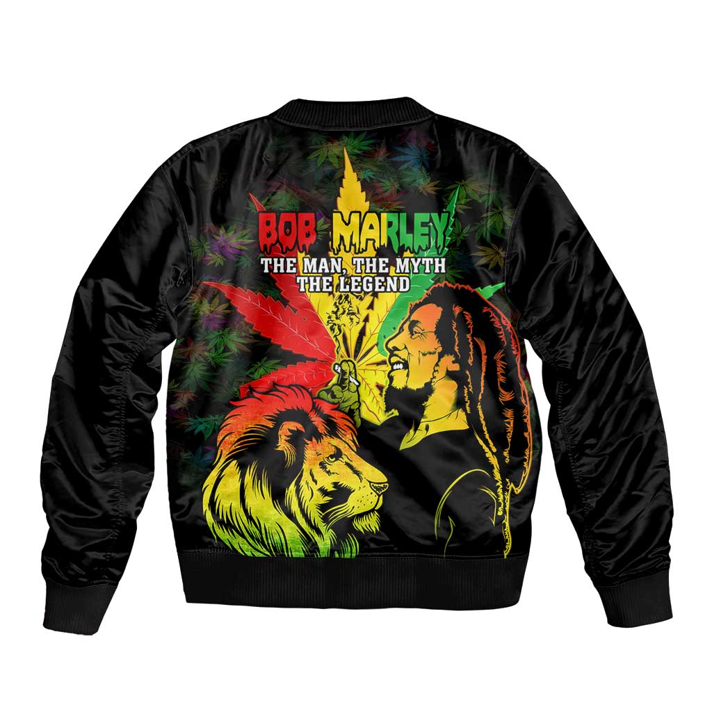Black unisex bomber jacket with large back lion graphic and Bob Marley text
