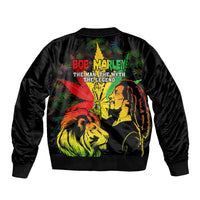 Black unisex bomber jacket with large back lion graphic and Bob Marley text