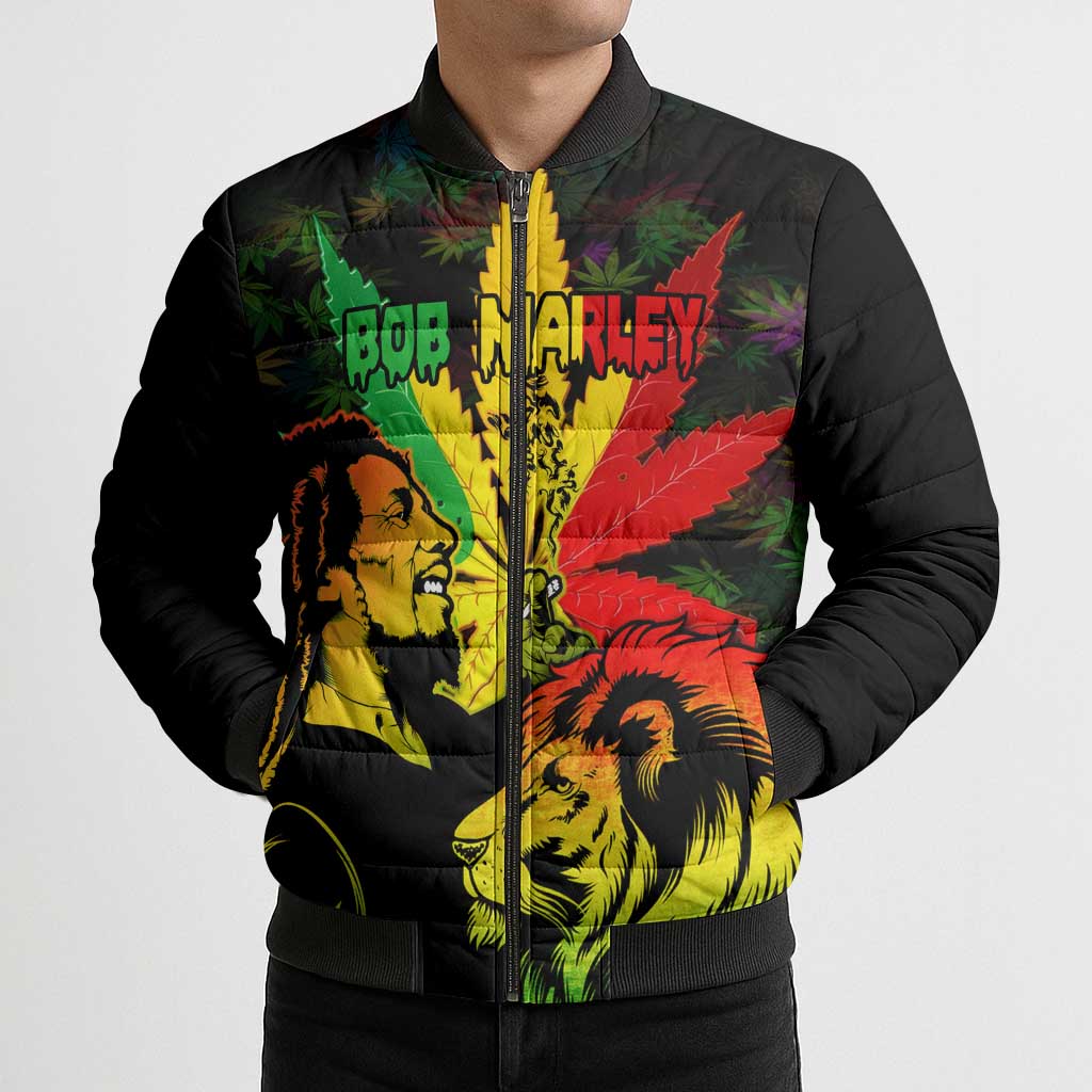 Jamaica Legend Bob Bomber Puffer Jacket Lion With Cannabis Leaf Pattern - Wonder Print Shop