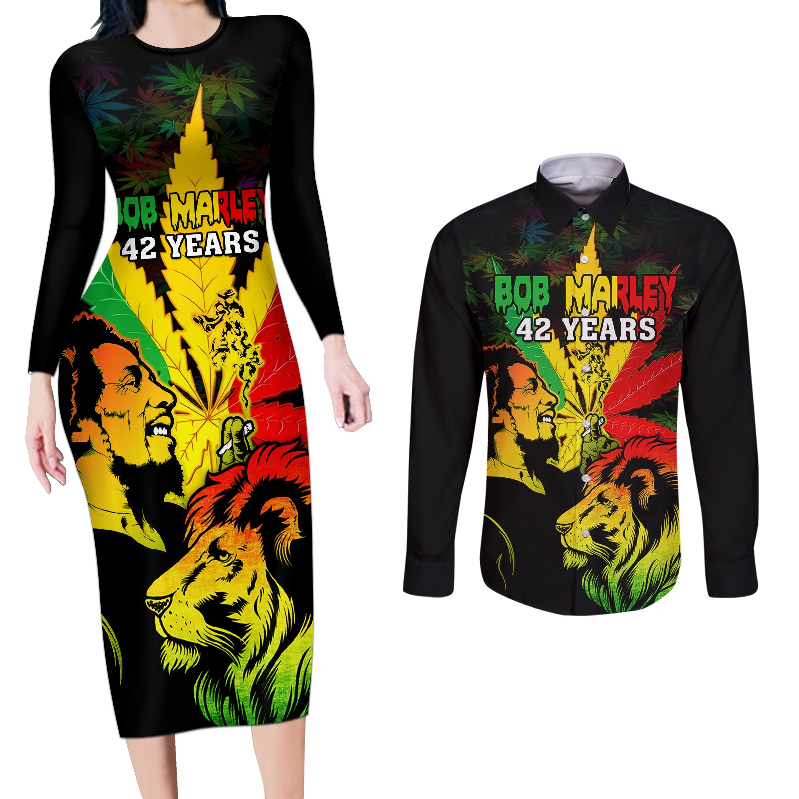 jamaica-bob-marley-couples-matching-long-sleeve-bodycon-dress-and-long-sleeve-button-shirts-lion-with-cannabis-leaf-pattern