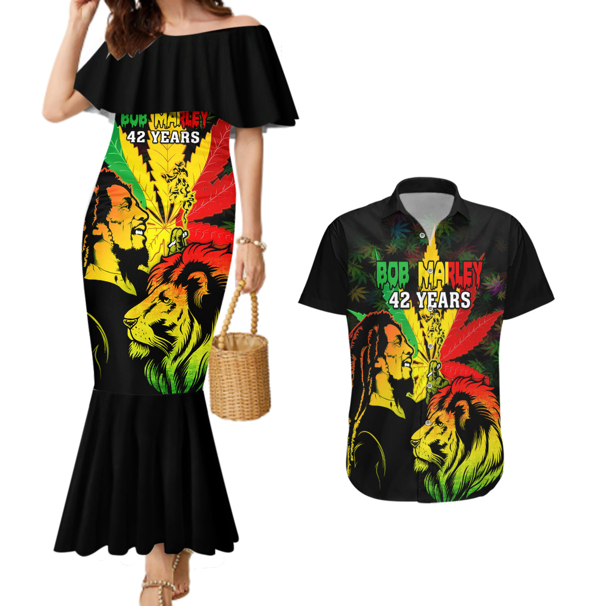 jamaica-bob-marley-couples-matching-mermaid-dress-and-hawaiian-shirt-lion-with-cannabis-leaf-pattern