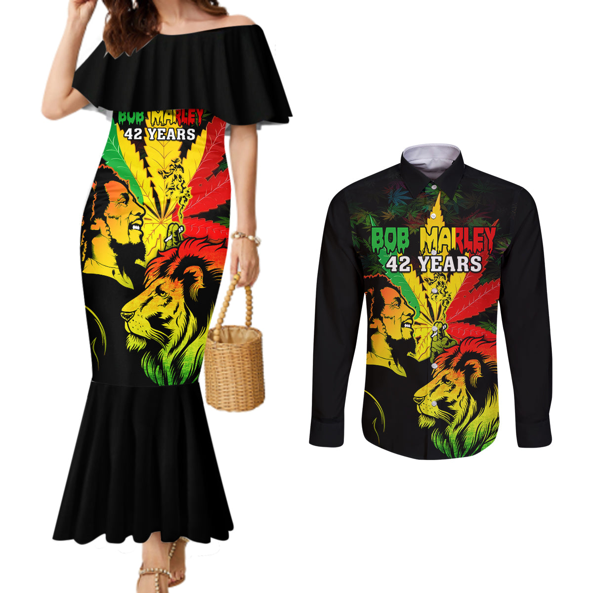 jamaica-bob-marley-couples-matching-mermaid-dress-and-long-sleeve-button-shirts-lion-with-cannabis-leaf-pattern