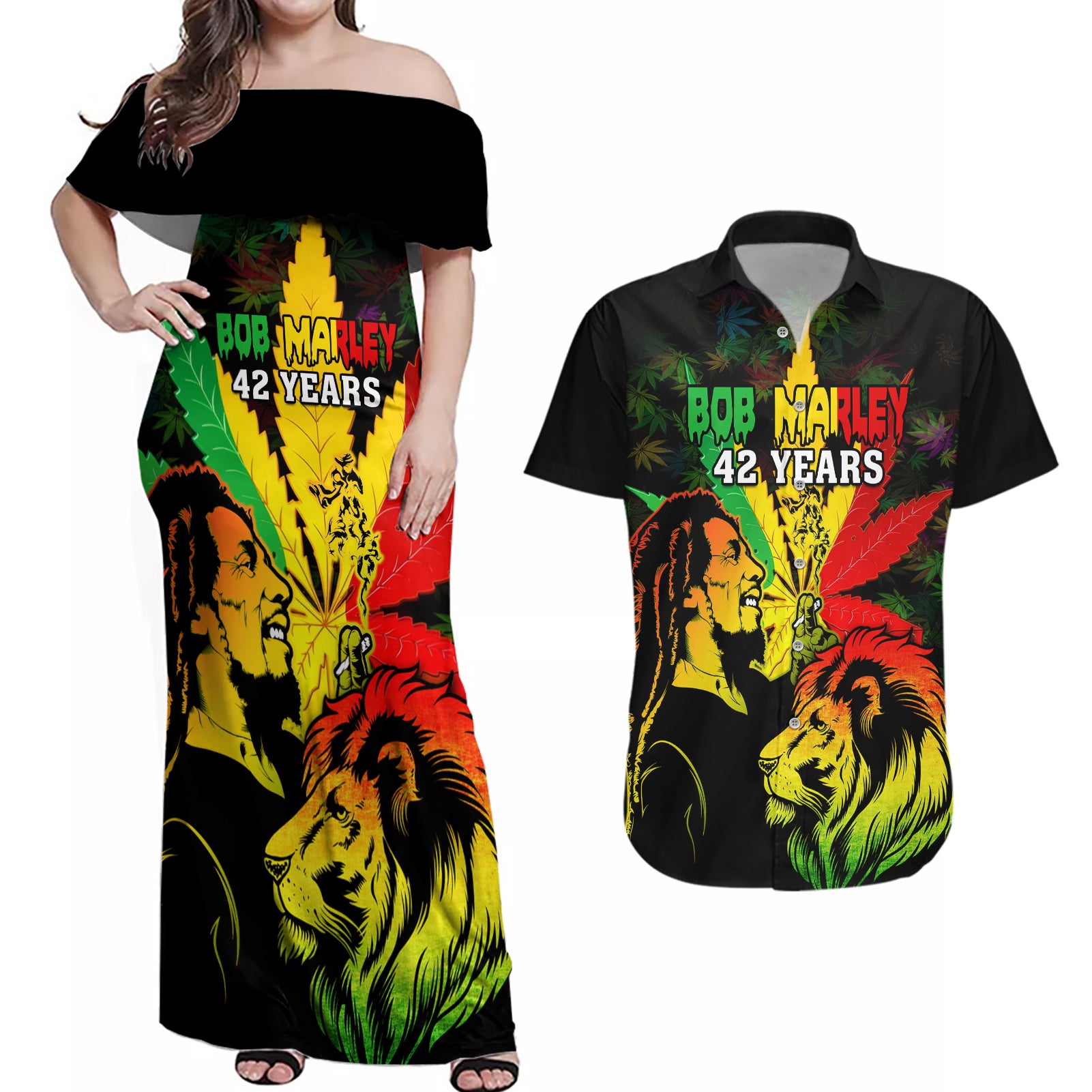 jamaica-bob-marley-couples-matching-off-shoulder-maxi-dress-and-hawaiian-shirt-lion-with-cannabis-leaf-pattern