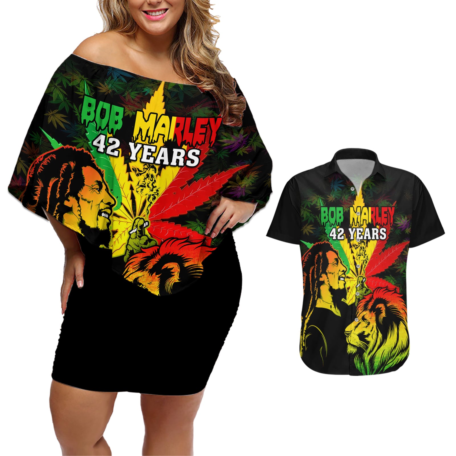 jamaica-bob-marley-couples-matching-off-shoulder-short-dress-and-hawaiian-shirt-lion-with-cannabis-leaf-pattern