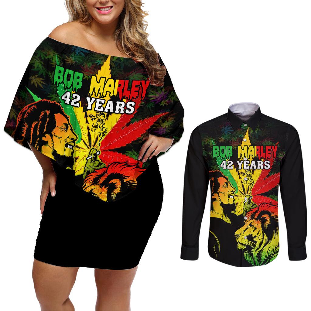 jamaica-bob-marley-couples-matching-off-shoulder-short-dress-and-long-sleeve-button-shirts-lion-with-cannabis-leaf-pattern