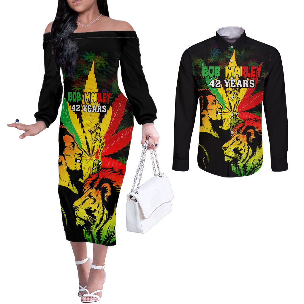 jamaica-bob-marley-couples-matching-off-the-shoulder-long-sleeve-dress-and-long-sleeve-button-shirts-lion-with-cannabis-leaf-pattern