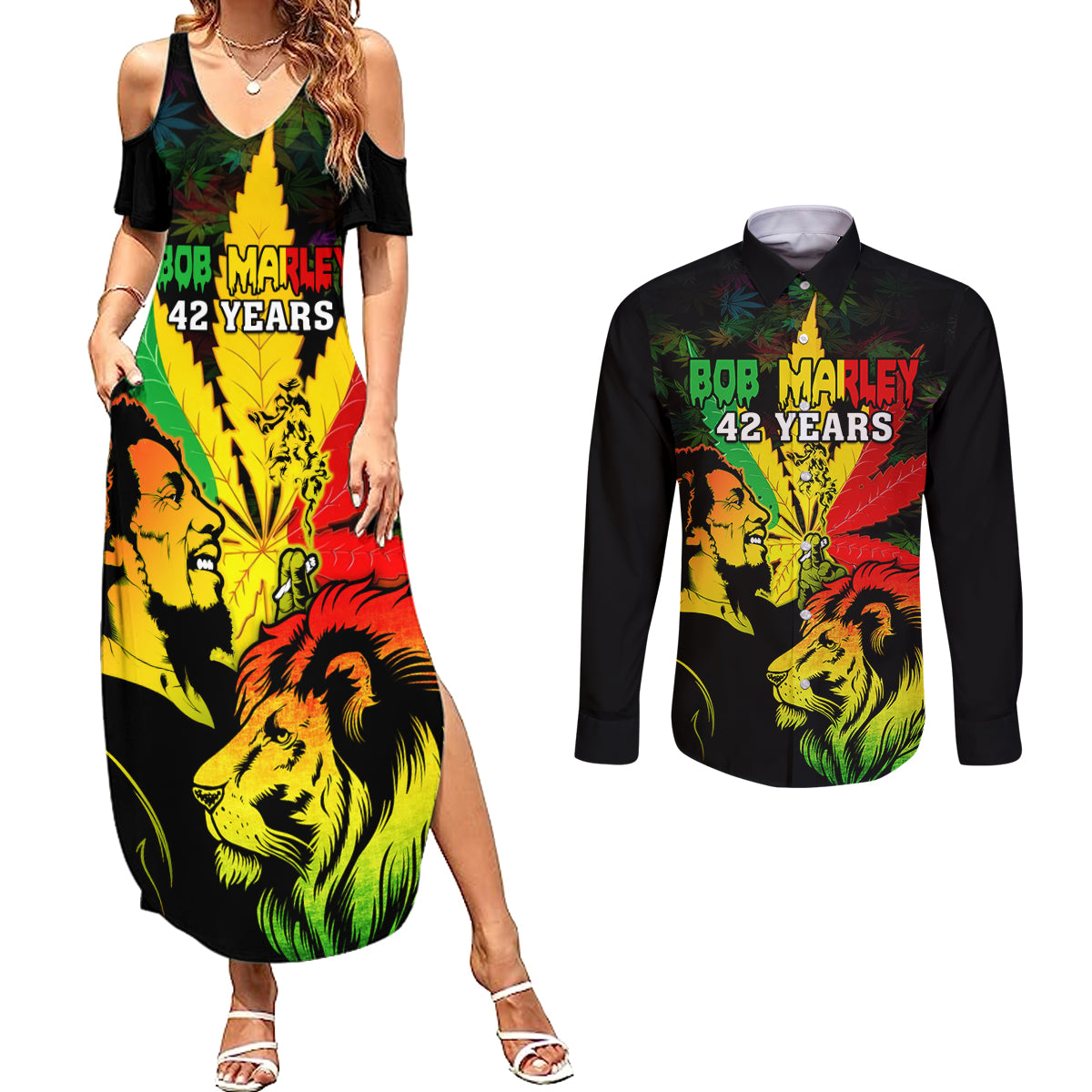 jamaica-bob-marley-couples-matching-summer-maxi-dress-and-long-sleeve-button-shirts-lion-with-cannabis-leaf-pattern