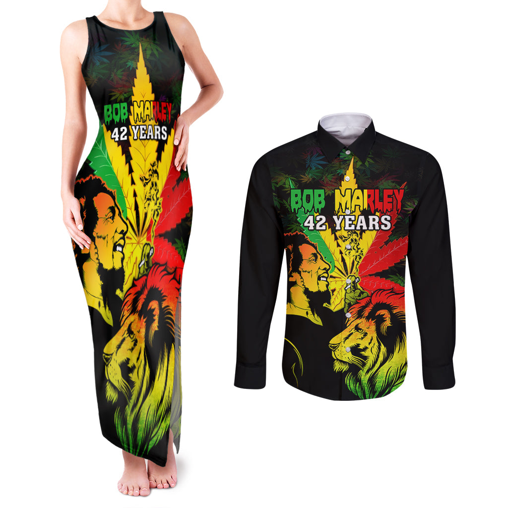 jamaica-bob-marley-couples-matching-tank-maxi-dress-and-long-sleeve-button-shirts-lion-with-cannabis-leaf-pattern