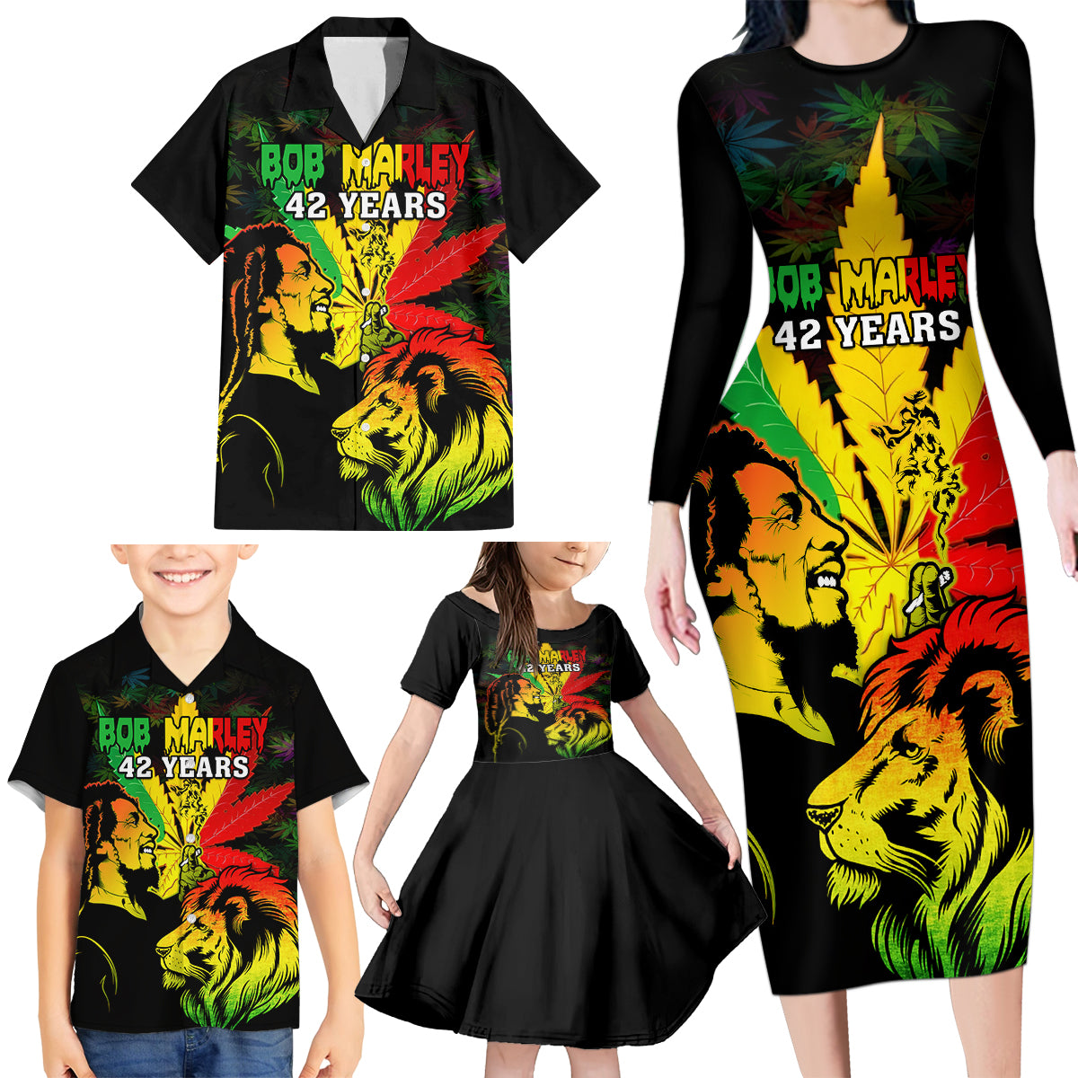 jamaica-bob-marley-family-matching-long-sleeve-bodycon-dress-and-hawaiian-shirt-lion-with-cannabis-leaf-pattern