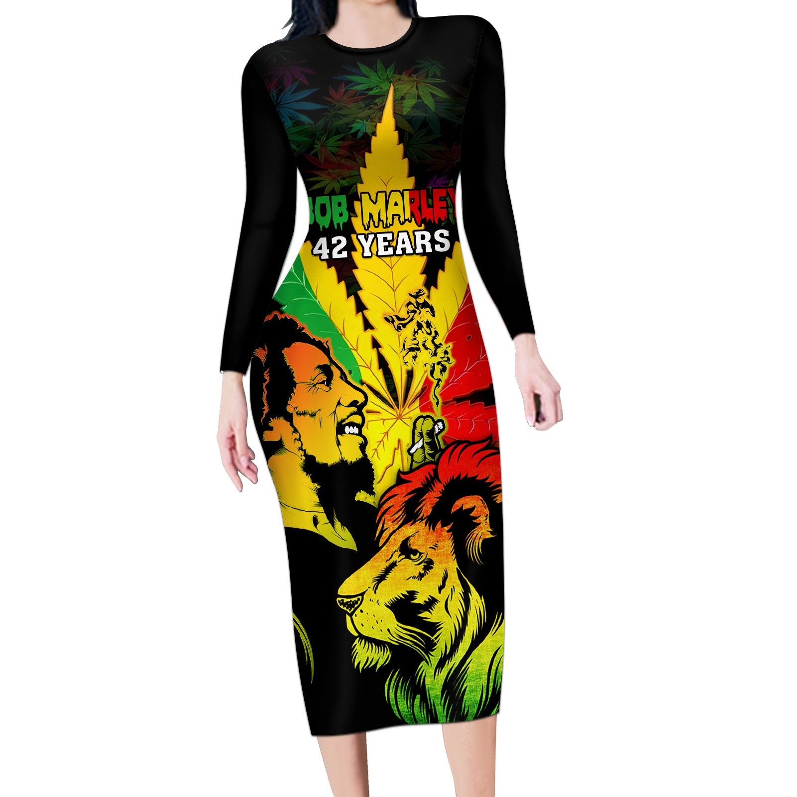 jamaica-bob-marley-long-sleeve-bodycon-dress-lion-with-cannabis-leaf-pattern