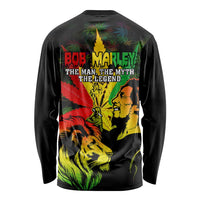 Black long-sleeve T-shirt with back Bob Marley text, lion art, cannabis leaf