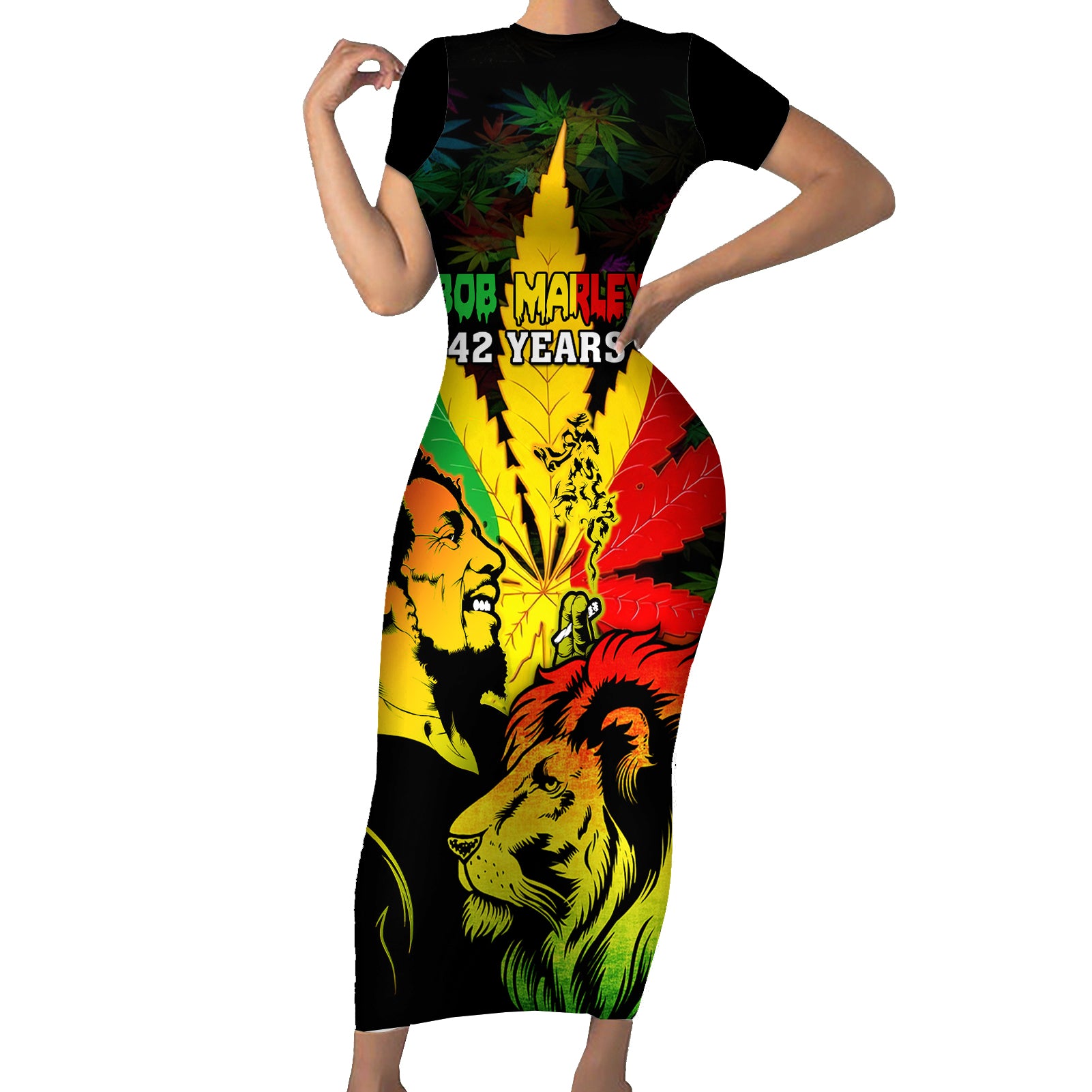 Jamaica Legend Bob Short Sleeve Bodycon Dress Lion With Cannabis Leaf Pattern - Wonder Print Shop