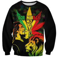 Black unisex sweatshirt with colorful lion and cannabis leaf graphic, crew neck