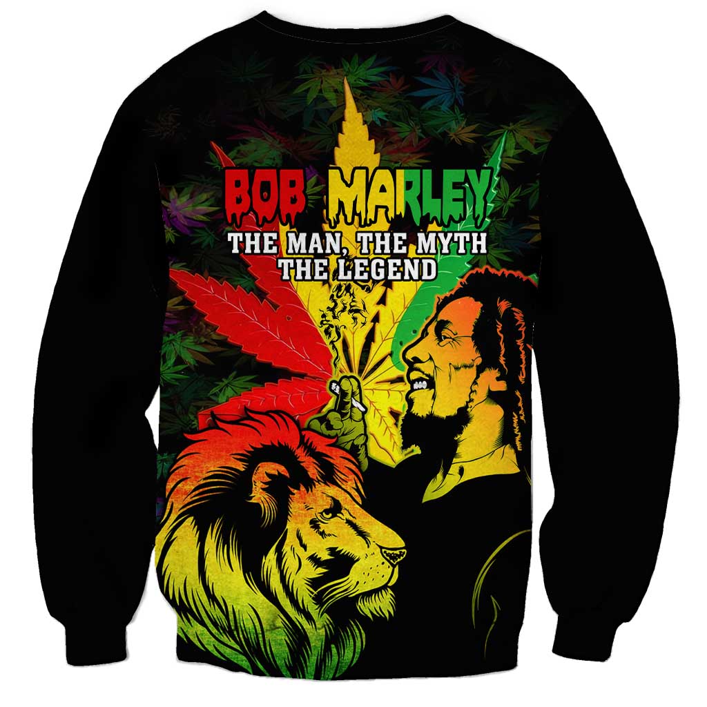 Black unisex sweatshirt with BOB MARLEY text and lion cannabis leaf print