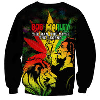 Black unisex sweatshirt with BOB MARLEY text and lion cannabis leaf print