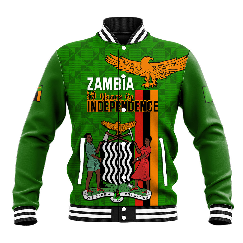 Green unisex baseball jacket with striped collar and front Zambia 59 graphic, snap buttons